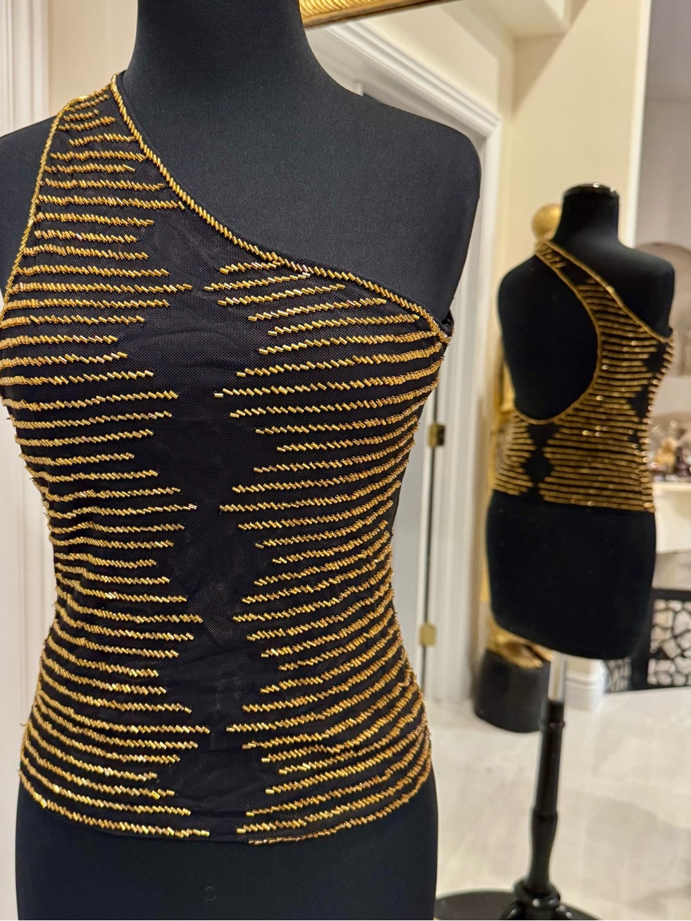 Black & Gold hand beaded One-Shoulder Top Attitudes by Debra very unusual style